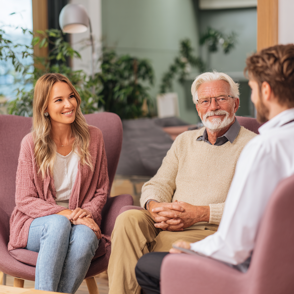 Молода жінка та чоловік похилого віку під час індивідуальної консультації з фахівцем pasturind в затишному кабінеті